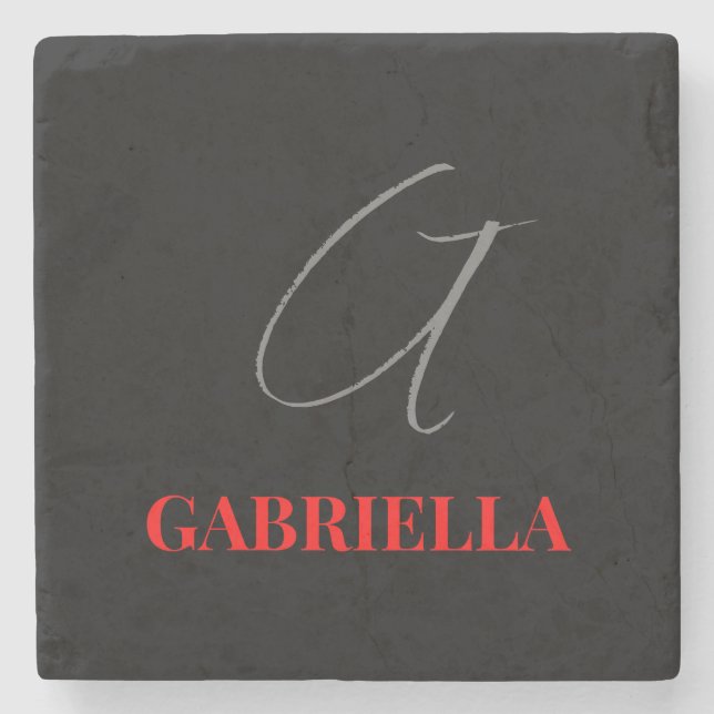 Black Red Grey Your Name Initial Monogram Stone Coaster (Front)