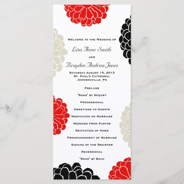 Black Red Grey Zinnia Flower Wedding Program Programme (Front)