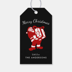 Black & Red Hand Drawn Santa Carrying Gift Box Gift Tags