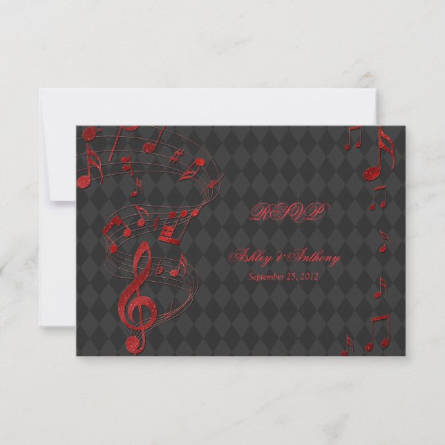Black Red Harlequin Music Notes Wedding RSVP card (Front)
