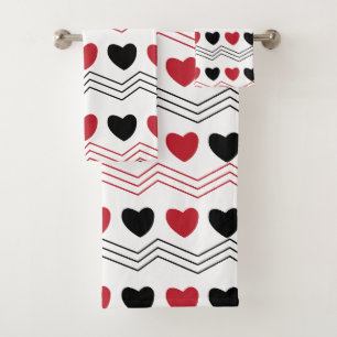 Black Red Hearts Chevron Stripe Bath Towel Set