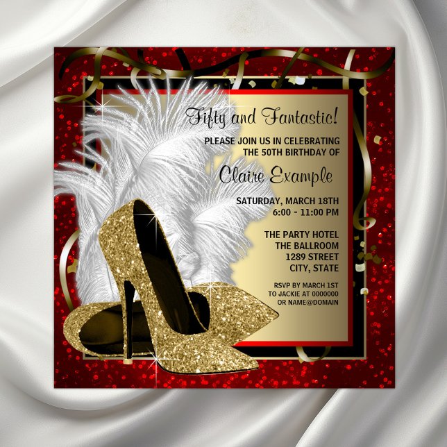 Black Red High Heels Birthday Party Invitation (Beautiful gold shoes on a red, black and gold feathers and confetti background any event invitation.)