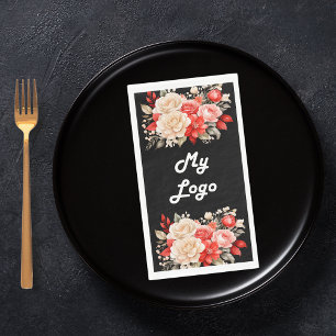 Black red ivory florals business logo napkin