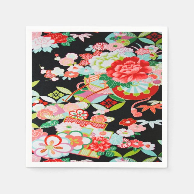 Black Red Japanese Kimono Floral Decoupage Paper Napkin (Front)