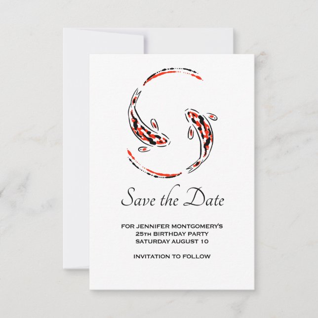 Black & Red Japanese Koi Fish Pair Birthday Save The Date (Front)