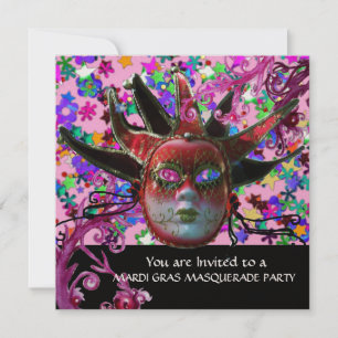 BLACK  RED JESTER MASK ,Masquerade Party Champagne Invitation