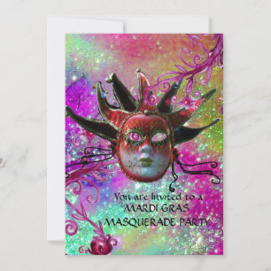 BLACK  RED JESTER MASK ,Masquerade Party Gold Invitation