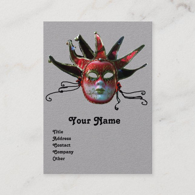 BLACK RED JESTER MASK ,Masquerade Party Grey Business Card (Front)