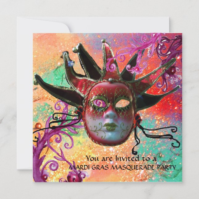BLACK  RED JESTER MASK ,Masquerade Party Invitation (Front)