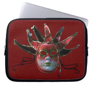 BLACK  RED JESTER MASK ,Masquerade Party Laptop Sleeve