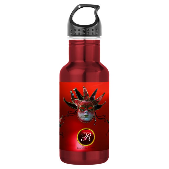 BLACK  RED JESTER MASK ,Masquerade Party Monogram 532 Ml Water Bottle (Front)