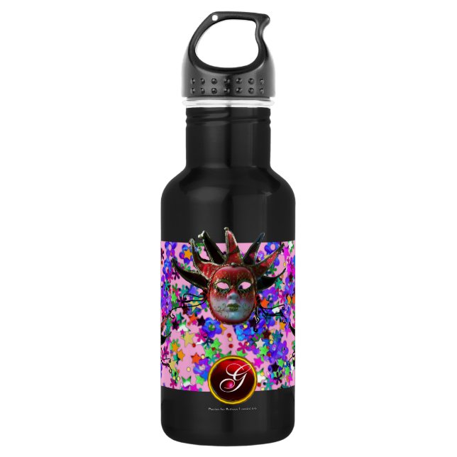 BLACK  RED JESTER MASK ,Masquerade Party Monogram 532 Ml Water Bottle (Front)