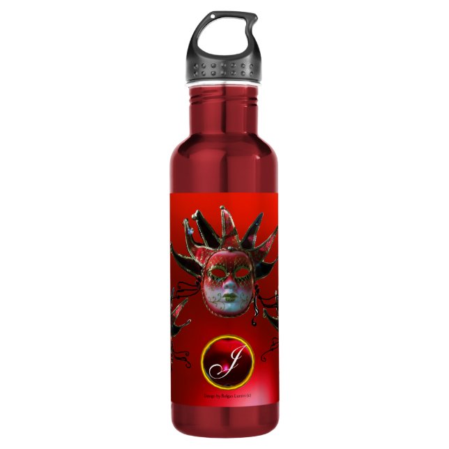 BLACK  RED JESTER MASK ,Masquerade Party Monogram 710 Ml Water Bottle (Front)
