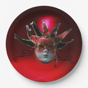 BLACK  RED JESTER MASK ,Masquerade Party Paper Plate