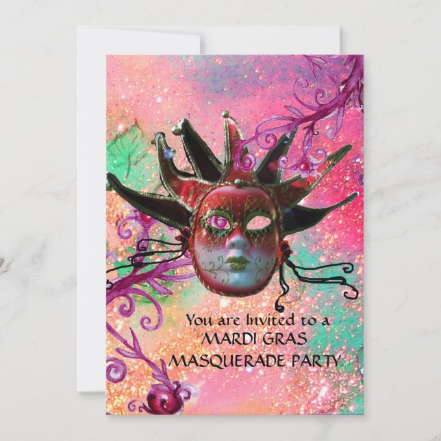 BLACK  RED JESTER MASK ,Masquerade Party Pink Invitation (Front)