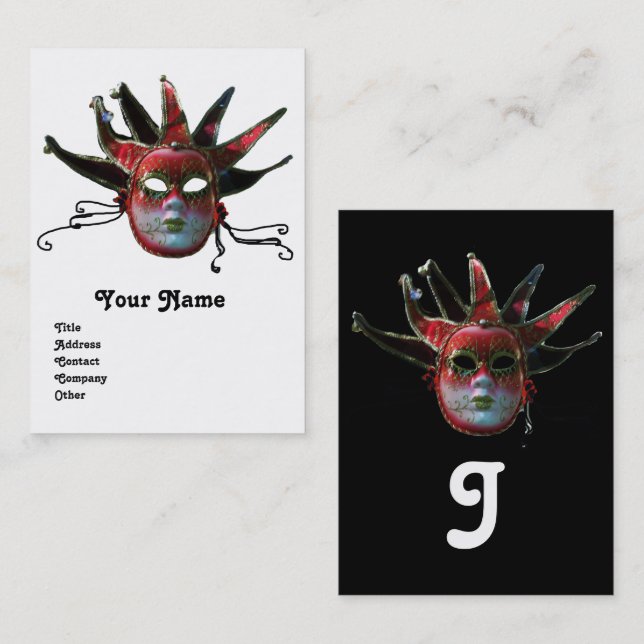 BLACK RED JESTER MASK ,Masquerade Party White Business Card (Front/Back)