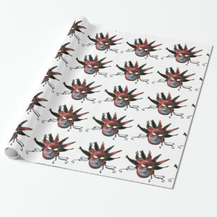 BLACK  RED JESTER MASK ,Masquerade Party,White Wrapping Paper