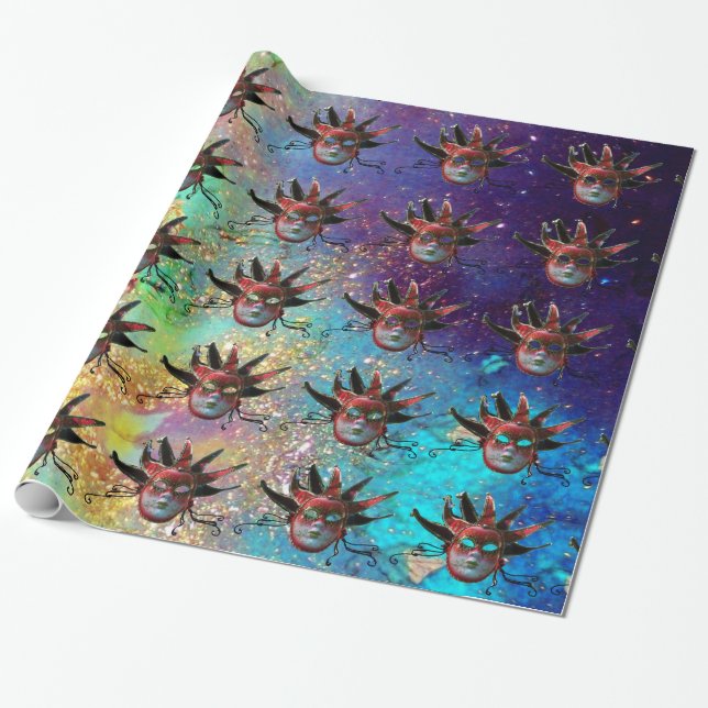 BLACK  RED JESTER MASK ,Masquerade Party,White Wrapping Paper (Unrolled)