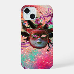 BLACK RED JESTER MASK Masquerade Pink Green iPhone 15 Case