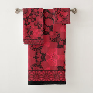 Black red kaleidoscope , mandala bath towel set