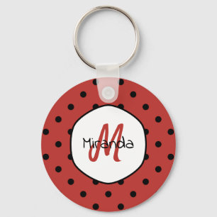 Black Red Ladybug Polka Dots Name and Monogram Key Ring