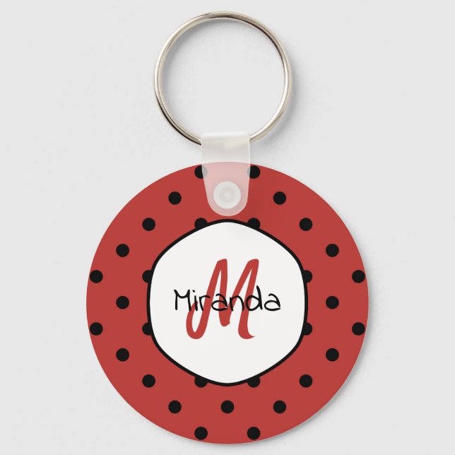 Black Red Ladybug Polka Dots Name and Monogram Key Ring (Front)
