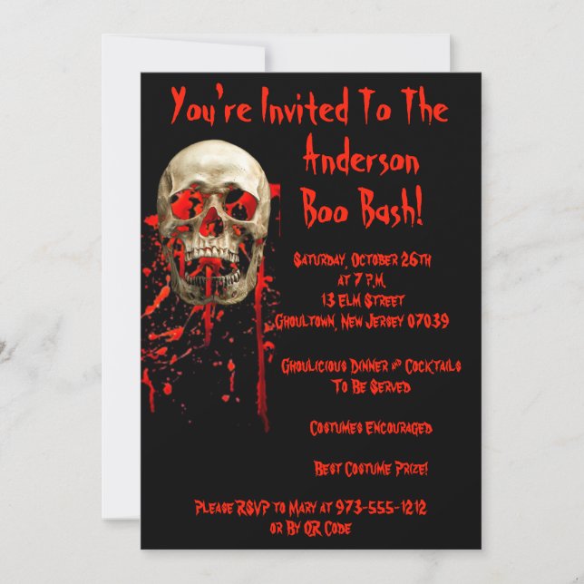 Black & Red Laughing Skull QR Code Halloween Party Invitation (Front)