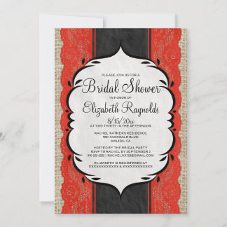 Black Red Linen Burlap Lace Bridal Shower Invites