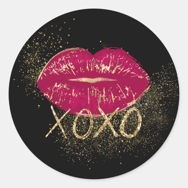 Black Red Lips Kiss Gold Glitter XOXO Classic Round Sticker (Front)