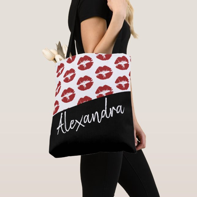 Black Red Lips Kiss Pattern Modern Personalised Tote Bag (Close Up)