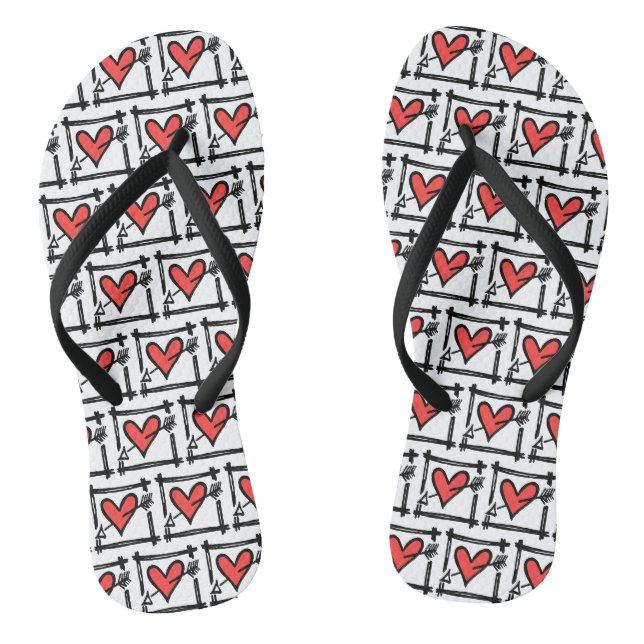 Black & Red Love Heart Flip Flops  (Footbed)