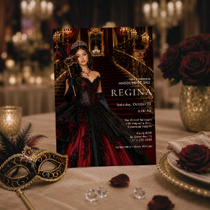 Black Red Masquerade Quinceañera Invitation