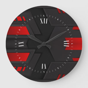 Black & Red Metallic Geometric Design Large Clock