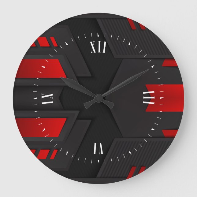 Black & Red Metallic Geometric Design Large Clock (Front)