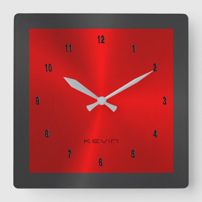 Black & Red & Metallic Stainless Steel Square W Square Wall Clock (Front)