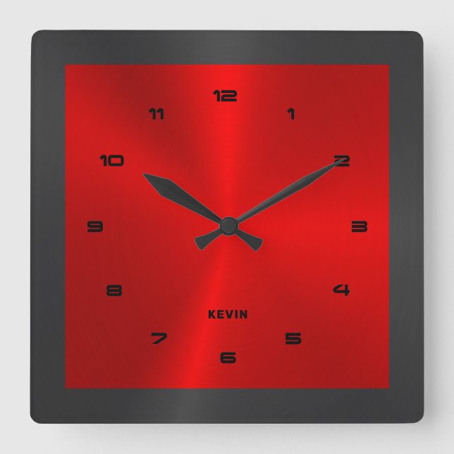 Black & Red & Metallic Stainless Steel Square W Wall Clock (Front)