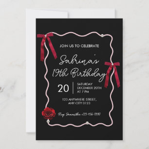 Black Red Modern Coquette 19th Birthday Invitation