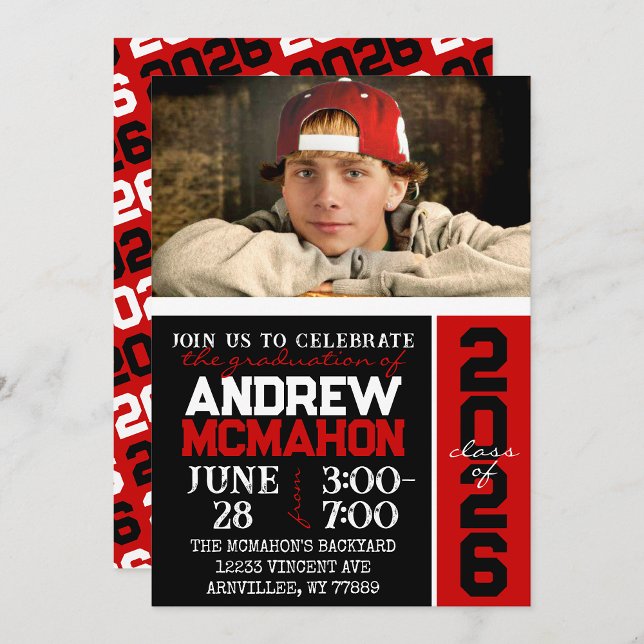 Black & Red Modern Graduation Photo Invitation (Creator Uploaded)