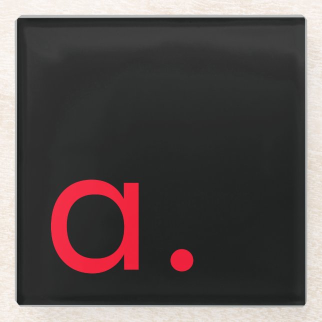 Black Red Monogram Initial Letter Modern Plain Glass Coaster (Front)