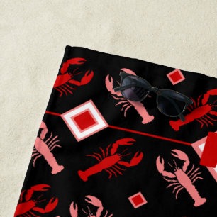 Black & Red Monogram Lobster Coastal Theme Beach Towel