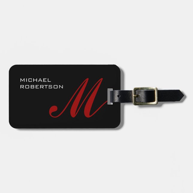 Black Red Monogram Plain Simple Luggage Tag (Front Horizontal)