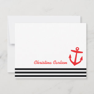 Black & Red Nautical Stripes & Anchor Stationery Note Card