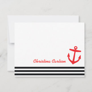Black & Red Nautical Stripes & Anchor Stationery Note Card