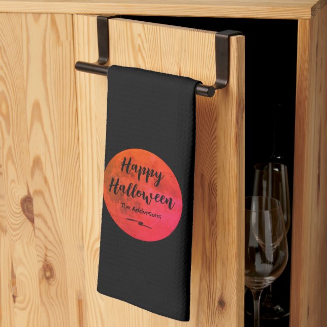 Black Red Orange Scary Full Moon Happy Halloween Tea Towel (Thirds Fold)