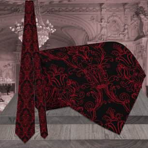 Black & Red Outline Floral Damask Wedding Tie
