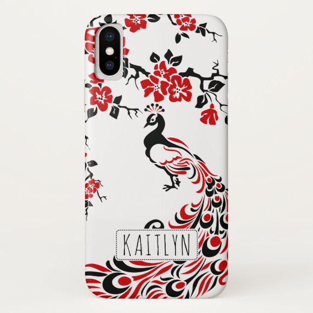 Black, red peacock & cherry blossoms art nouveau Case-Mate iPhone case (Back)