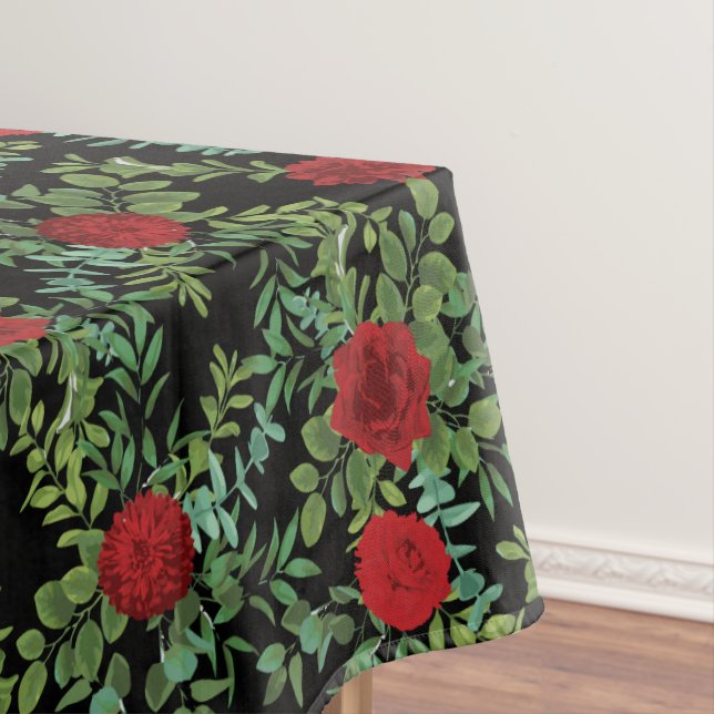 Black & Red Peony Rose Floral Wedding Tablecloth (In Situ)