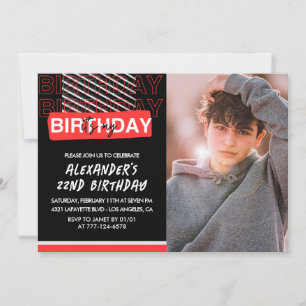 Black Red Photo 22nd birthday invitations Men