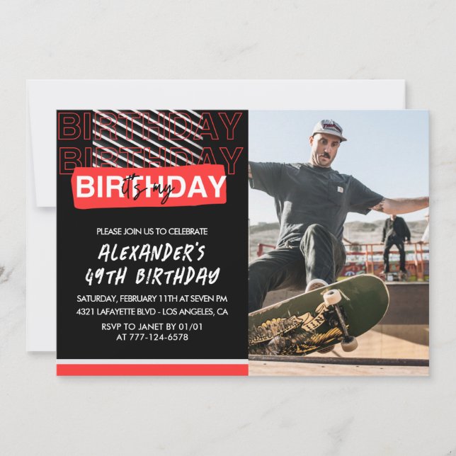  Black Red Photo 49th birthday invitations Men  (Front)