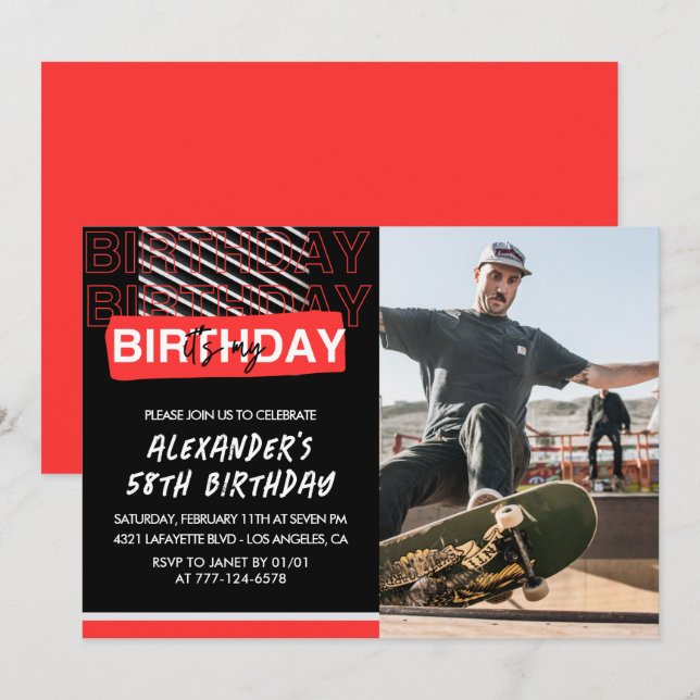  Black Red Photo 58th birthday invitations Men  (Front/Back)